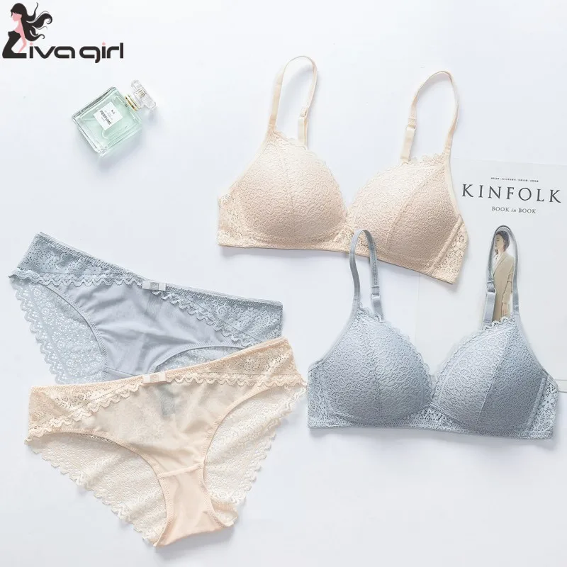 New Lace Sexy Triangle Cup Bra Set Women High Quality Push Up No steel Ring Wire Free Lingerie Jacquard Panties Sets | Женская одежда