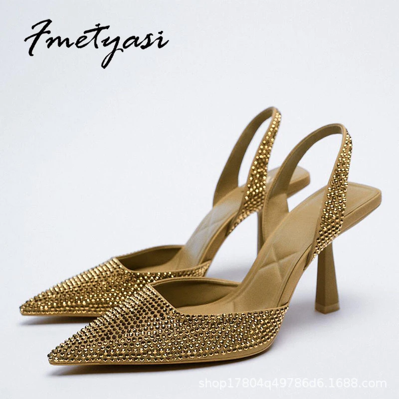 2022 летние женские сандалии с золотыми кристаллами и острым носком туфли на