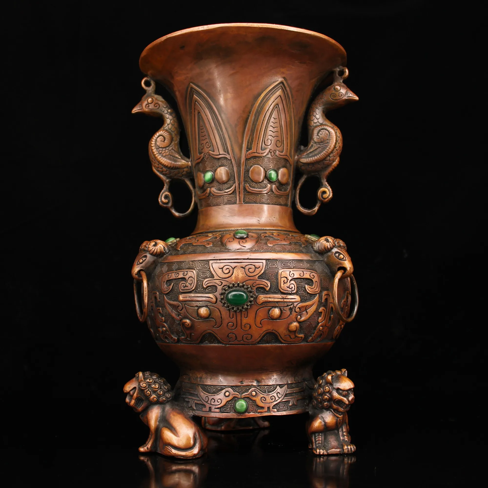 

11"Chinese temple collection Old Bronze mosaic Gem Lion statue incense burner vase Sheep head Peacock statue Town House Exorcism