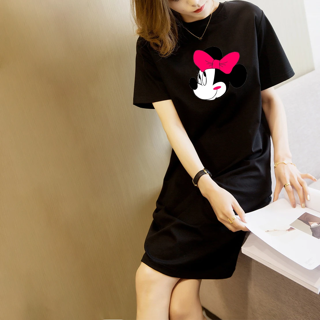 

Minnie Mouse Dresses for Women Disney 2021 Printing Black Short Sleeve Straight Casual T-Shirt Dress Elegant Loose Robe Femme
