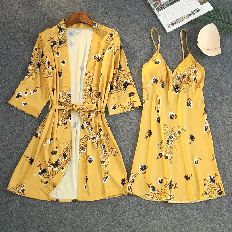 

New Print Women Robe Set With Belt Chest Pad Sexy Bathrobe Satin Soft Touch Pyjamas