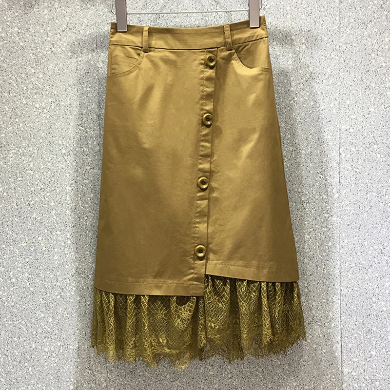 

2021 Spring Summer Womens Lace Patchwork Black Gingner Denim Skirt , Korean Style High Waisted Jeans Skirts for Woman