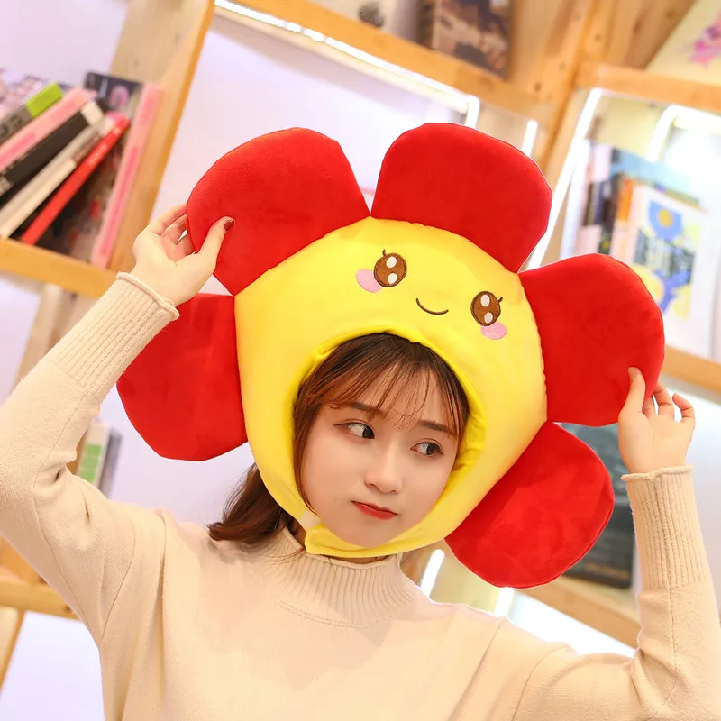 

Candice guo! cute plush toy cartoon flower cap red petal sunflower hat soft headwear Photo Props birthday Christmas gift 1pc