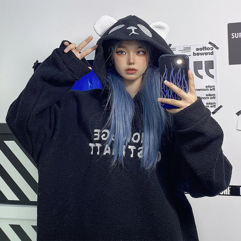 Женский свитер с капюшоном пуловер в стиле Харадзюку вышитыми буквами пальто из