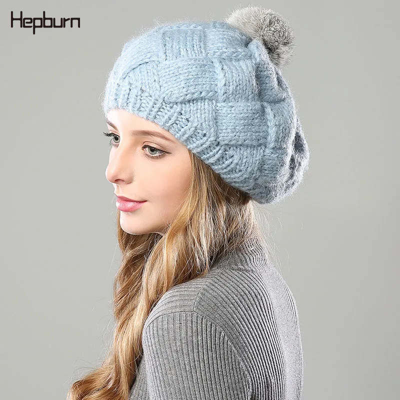 Хепберн брендовая Толстая мешковатая теплая шапка пушистый помпон бальная