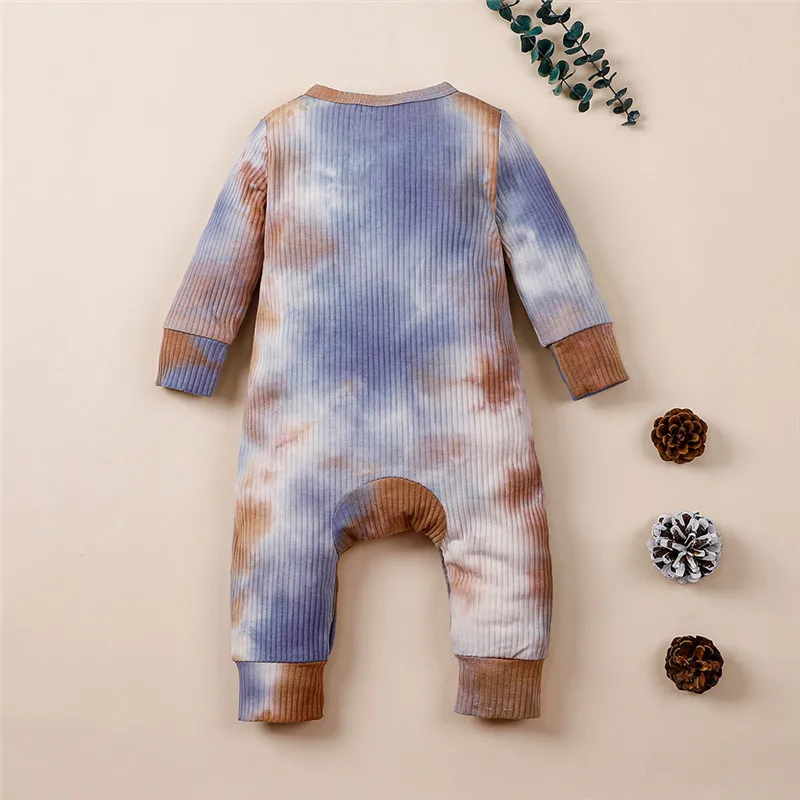 

0-18M Newborn Baby Boy Girl Rompers Tie-Dye Printed Long Sleeve Button Knit Jumpsuit One Pieces35