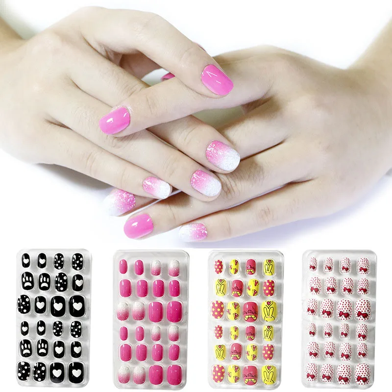 Kids Full Cover False Nails Press On Self Adhesive Nail Manicure Tips Candy Color Fake Nails Nail Art for Children 24Pcs/box