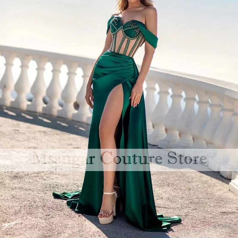 

2021 Stunning Mermaid Evening Dress Off Shoulder High Split Pleat Fomal Dresses robe de soirée femme