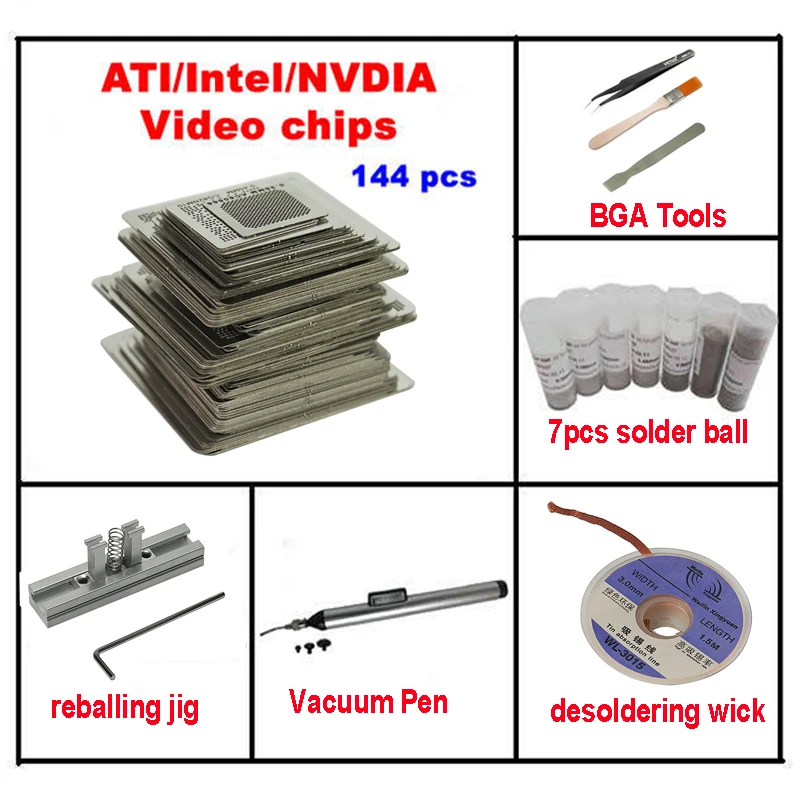 

144pcs BGA Direct Heat Graphics Card Stencils INTEL/ NVIDIA/ ATI Video Chips Repair Solder Balls Vacuum Pen Desoldering Wick