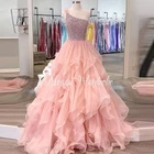 Женское Тюлевое платье с одним открытым плечом, длинное ТРАПЕЦИЕВИДНОЕ ПЛАТЬЕ розового цвета с оборками, расшитое бисером и жемчугом, для выпускного вечера