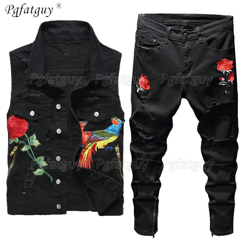 Костюм мужской джинсовый с вышивкой Модный потертый костюм Фениксом дырками