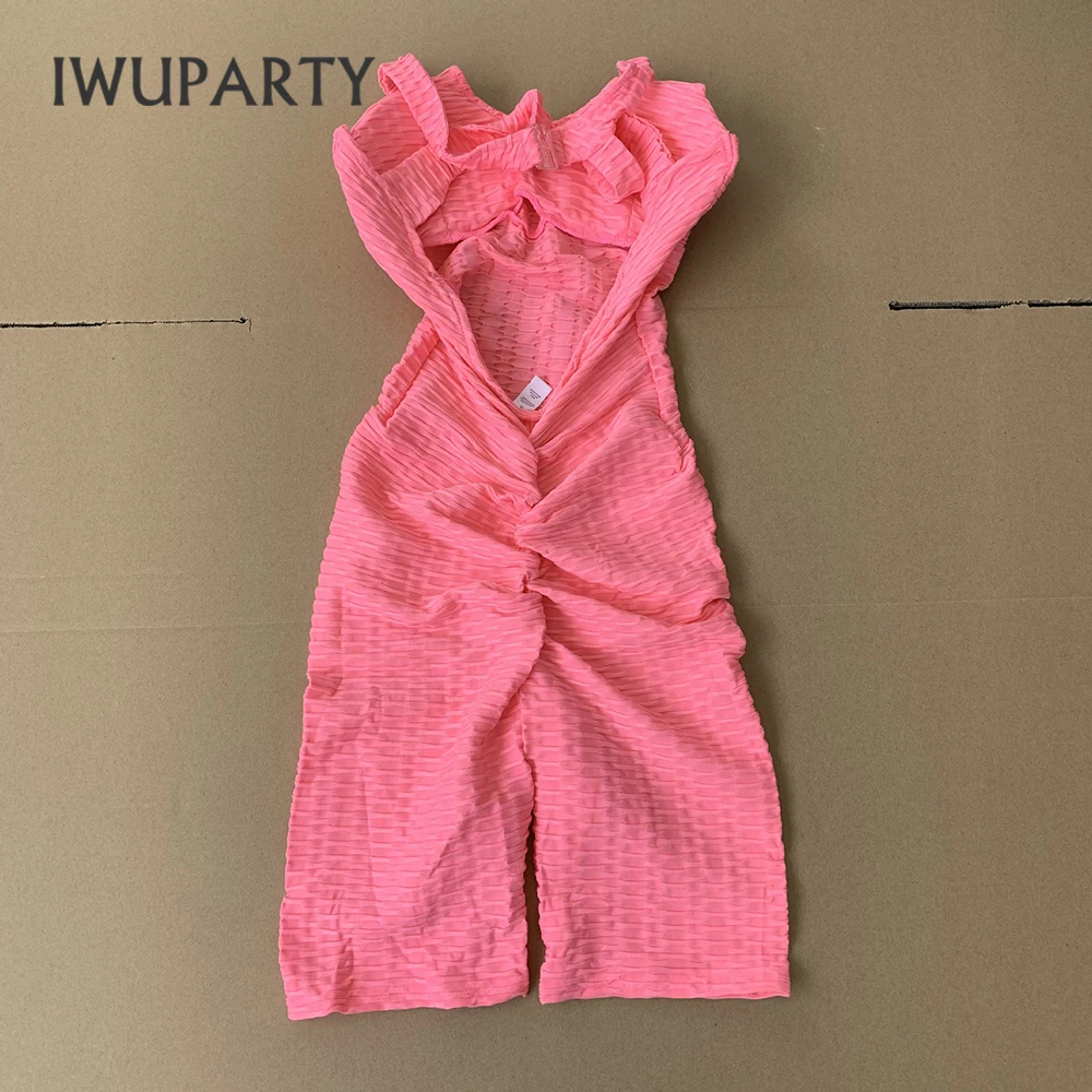 

IWUPARTY Sexy Backless One-piece Joga Jumpsuit 3D Jacquard Bubble Sport Shorts Exercise Fitness Push Up Bodysuit Deep Squat Wear