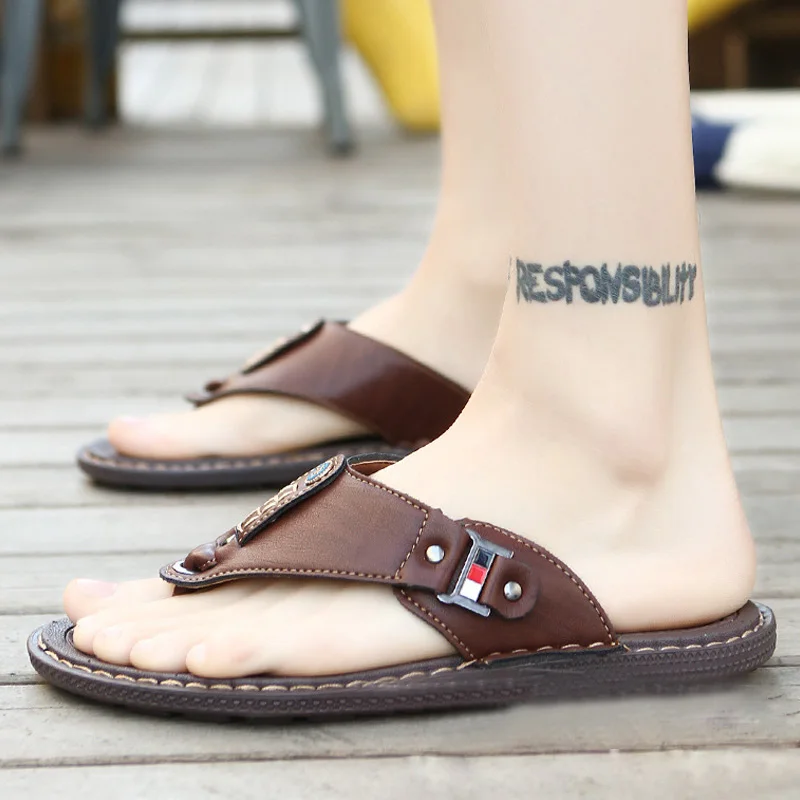 Мужские сандалии классические модные удобные пляжные кожаные шлепанцы мужские