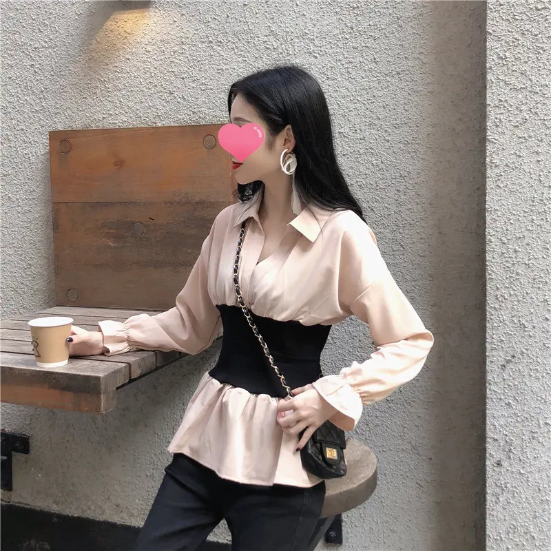 Топ с баской блузка длинным рукавом корейские белые рубашки Женские топы и блузы