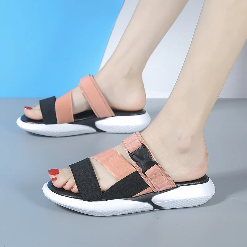 

Fashion open toe sports sandals T-shaped buckle thick heel platform shoes 2021 women's summer flat casual shoes women's slippers