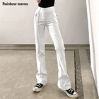 Женские винтажные расклешенные брюки Rainbowwaves с карманами, Повседневная Уличная одежда в стиле Харадзюку, эстетичные облегающие брюки с низкой талией на осень