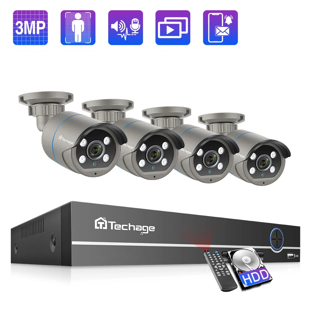 Система видеонаблюдения Techage, 8 каналов, 3 Мп, POE, двустороннее аудио, ИК-подсветка, IP66, водонепроницаемая, P2P