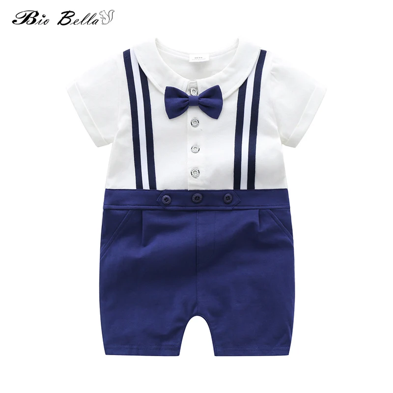 

New Baby Rompers Newborn Infant Baby Boy Summer Short Sleeve One-piece Formal Striped Jumpsuit Bow Decor Gentle Boys Clothing