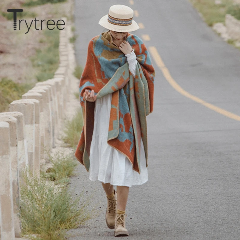 

Trytree 2021 Autumn Winter Casual Women Scarf Faux Cashmere Holiday Panelled Colors Knitted Shawl Fashion Ethnic Style Long Wrap