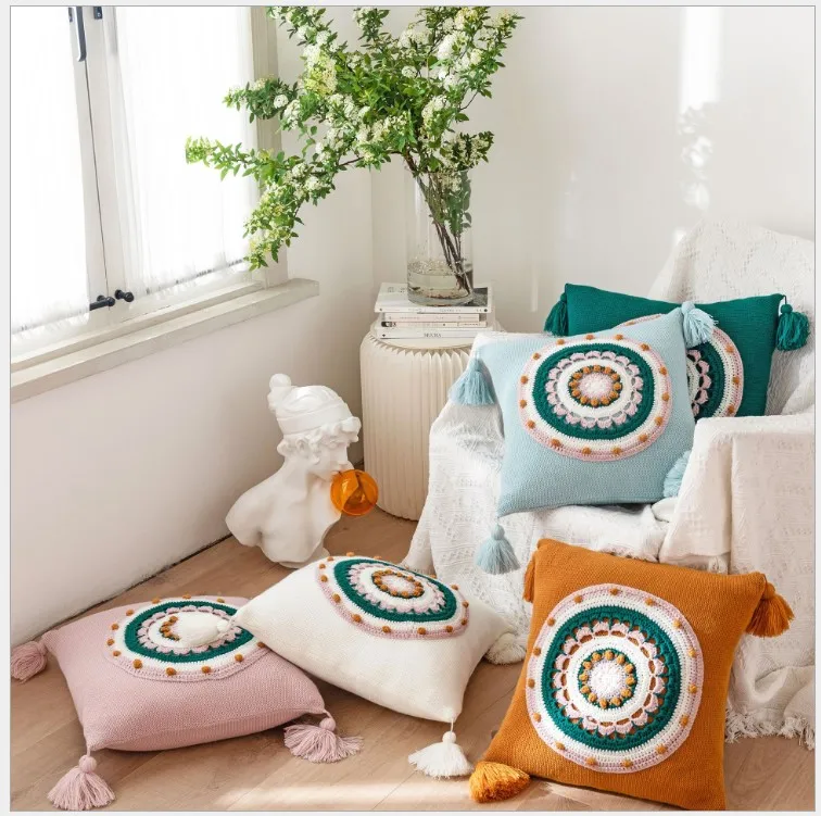 Наволочка ручной вязки искусственная синяя зеленая наволочка с кисточками для