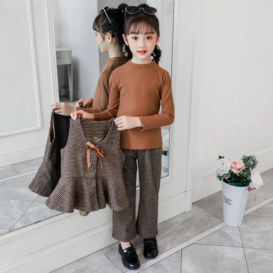 Детская одежда в клетку для девочек жилет + футболка штаны наряд весна-осень