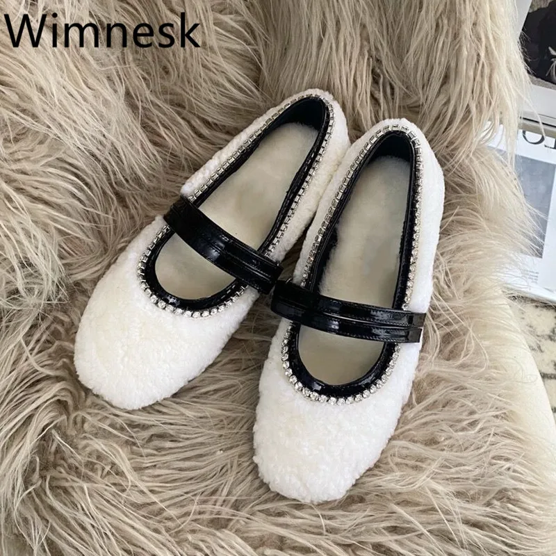 

Autumn and Winter New Fashion Rhinestone Plush Lamb Wool Mary Jane black Party Flats Women One word buckle Round Toe Woole Shoes