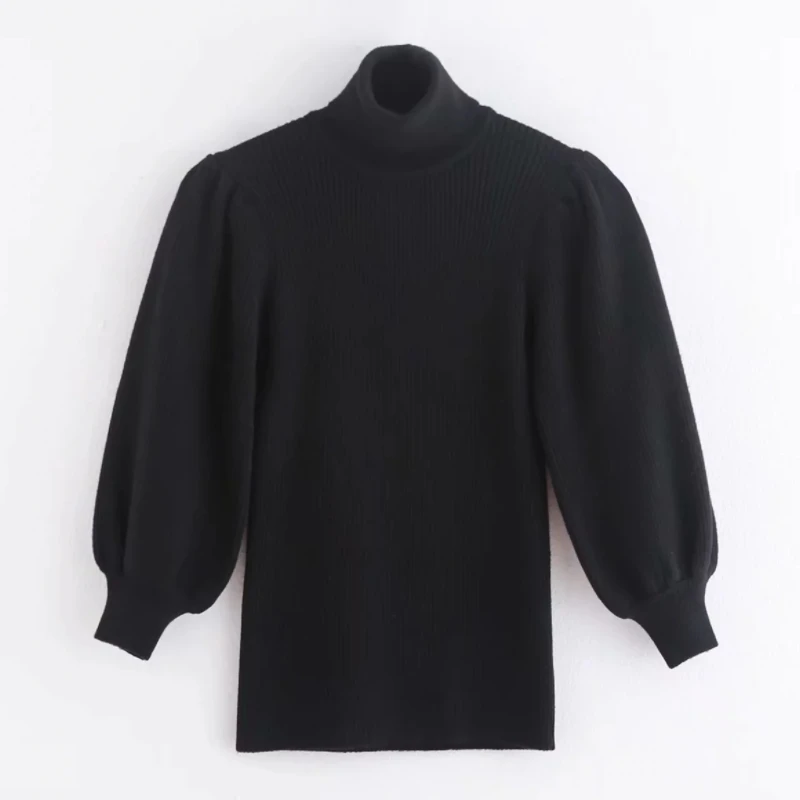 New 2020 women fashion turtleneck knitted sweater puff sleeve stretchy slim fit pullovers female stylish solid color tops S236 | Женская