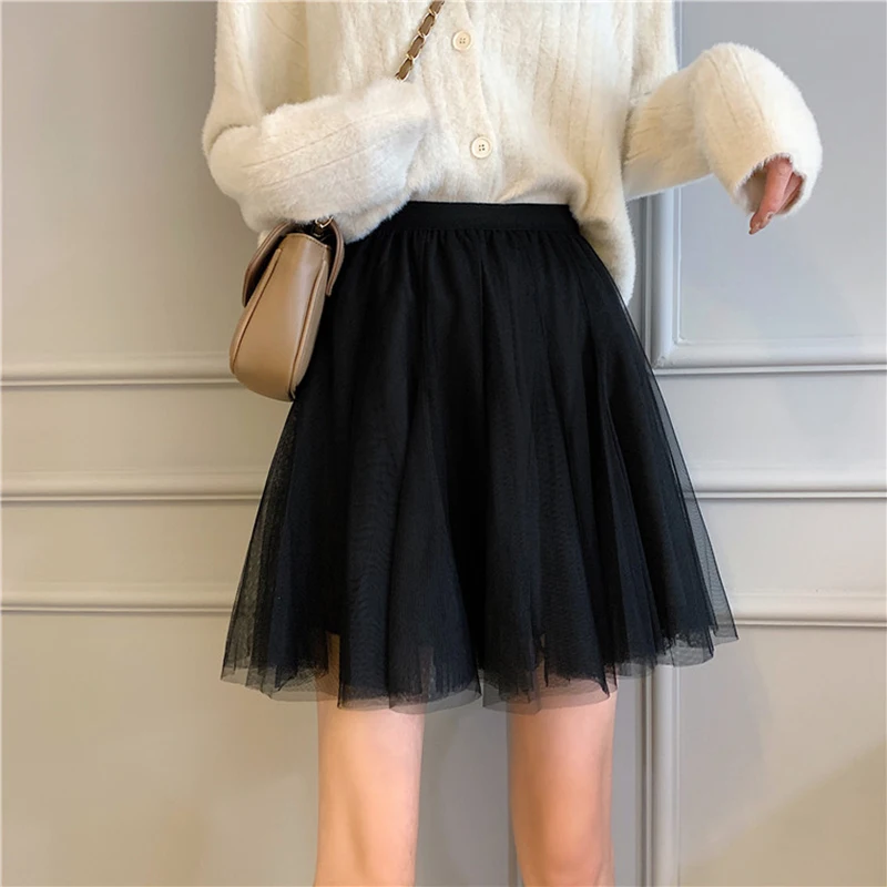 

2021 Summer Women Mini Skirt Vintage Elastic High Waist Mesh Skirts Black Pleated Tutu Skirts Female faldas Mujer saias jupe