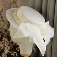 new white elegant wedding hat retro topper spring summer fashion bowknot pearls decoration accessories top hat