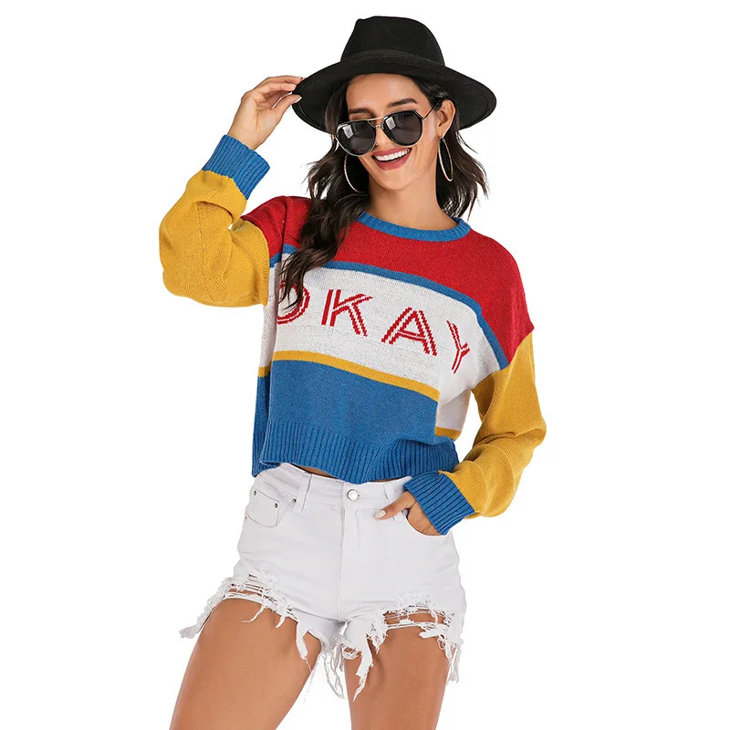 Женский трикотажный пуловер с круглым вырезом и надписью свободный свитер