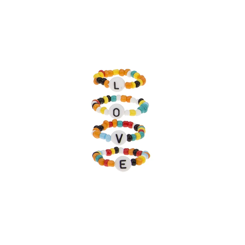 

European and American popular jewelry Creative Color Beaded round jewelry creative rice beads letter love set ring for women