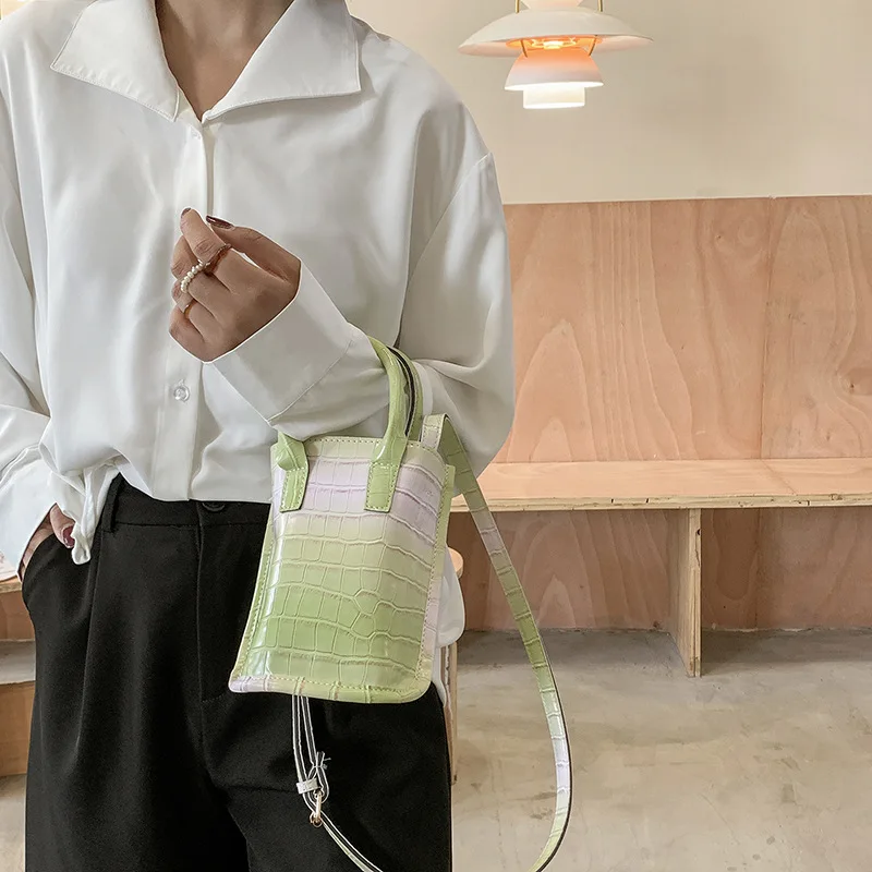 Patent Leather Casual Bucket Phone Bag Gradient Crocodile Wallet Purse Outdoor Handle Shoulder Pouch Mini Women Pocket Handbags |