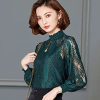 women lace hollow out blouse loose bottoming shirt spring autumn 2020 plus size splicing lace stand collar tops feminine blusa