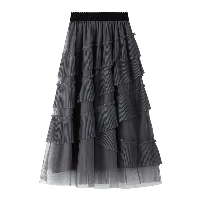 

Grey Korean Fashion Cake Tulle Skirt Women 2020 New Spring Summer Midi Long Maxi Skirts High Waist Ruffle A-line Skirt Female