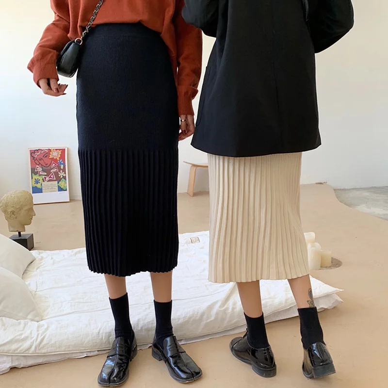 High Waist Women Skirts Irregular Striped Pleated Autumn Winter Casual Knitted Female Mid-Length 2019 | Женская одежда