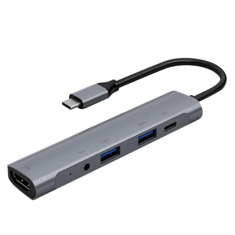 

Док-станция пять в одном, USB C концентратор HDMI-совместима с 4K @ 30 Гц + PD 60 Вт + USB 3,0 + USB 2,0 + аудио проводное управление/микрофон
