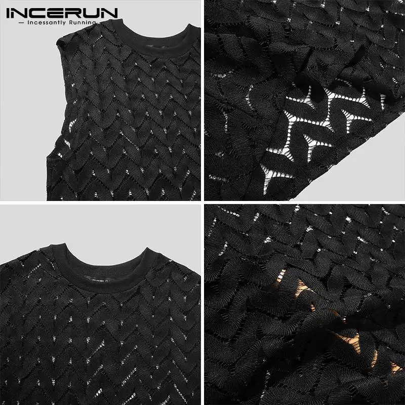 

Men Mesh Tank Tops Streetwear Hollow Out O Neck Sleeveless Fashion Party Vests Lace See Through Sexy Tops Men Clothing INCERUN