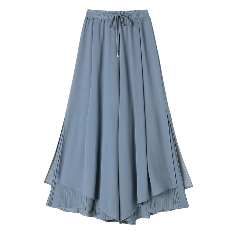 

Elastic High Waist Doulbe Layered Plazzo Casual Summer Wide Leg Flared Loose 9 Points Chiffon Pleated Pants for Women S