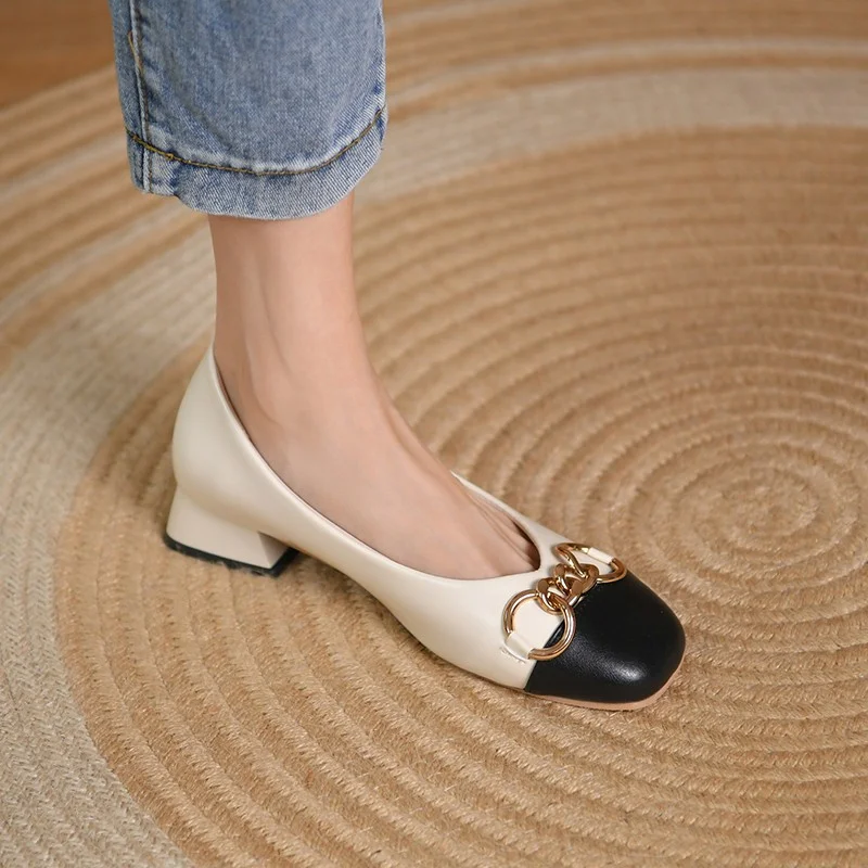 

Fashion Elegant Women Pumps 2021 New Spring Autumn Mix Color Leather Metal Buckle Office Ladies High Quality Sweet Dress Shoes