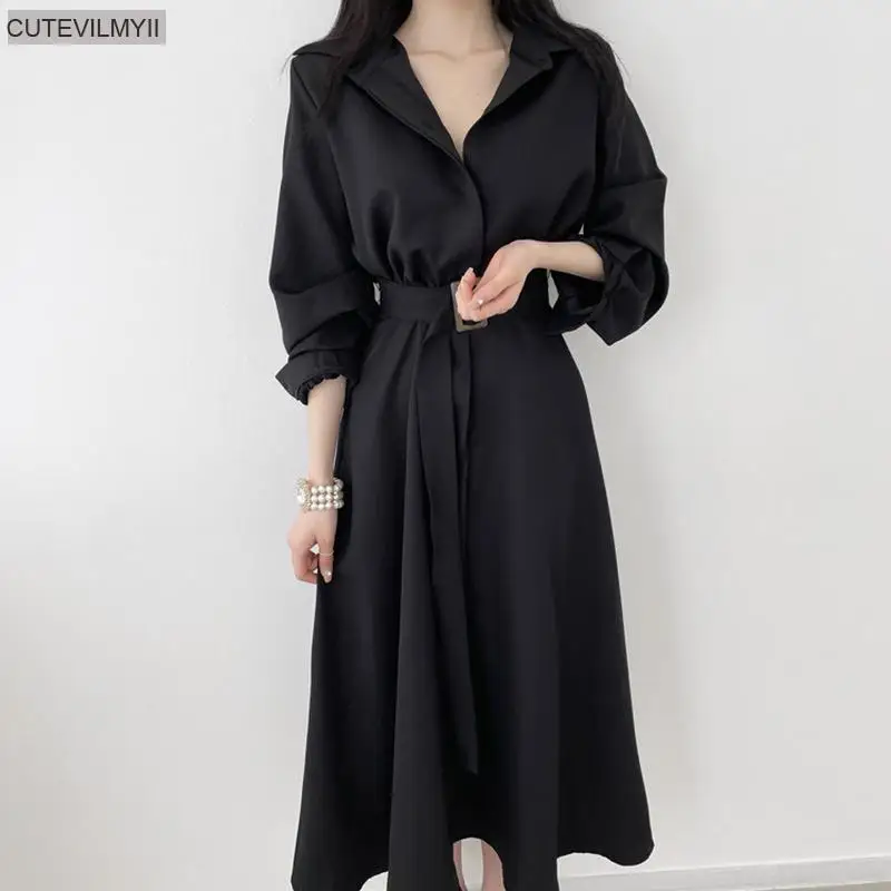 Женское офисное платье-рубашка шикарное корейское длинное платье с V-образным