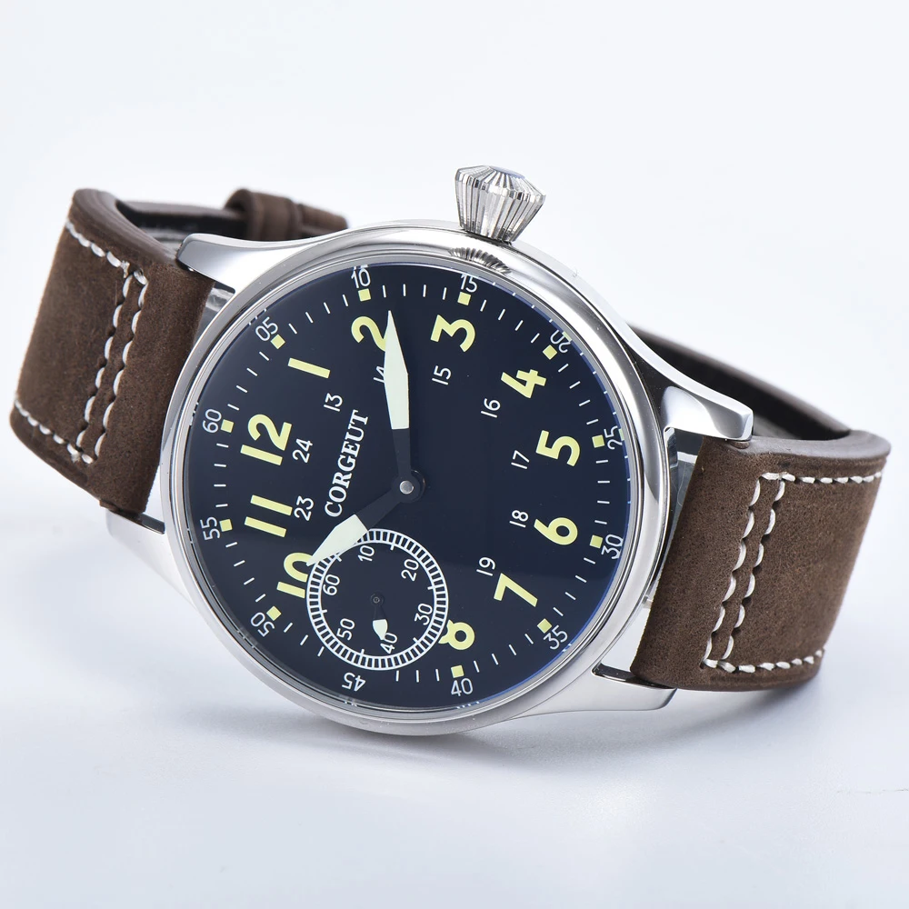 CORGEUT Luxury Fashion 44mm Aseptic Black Dial Mechanical Manual Winding Men's Watch Seagull Movement Sports Mechanical Watch