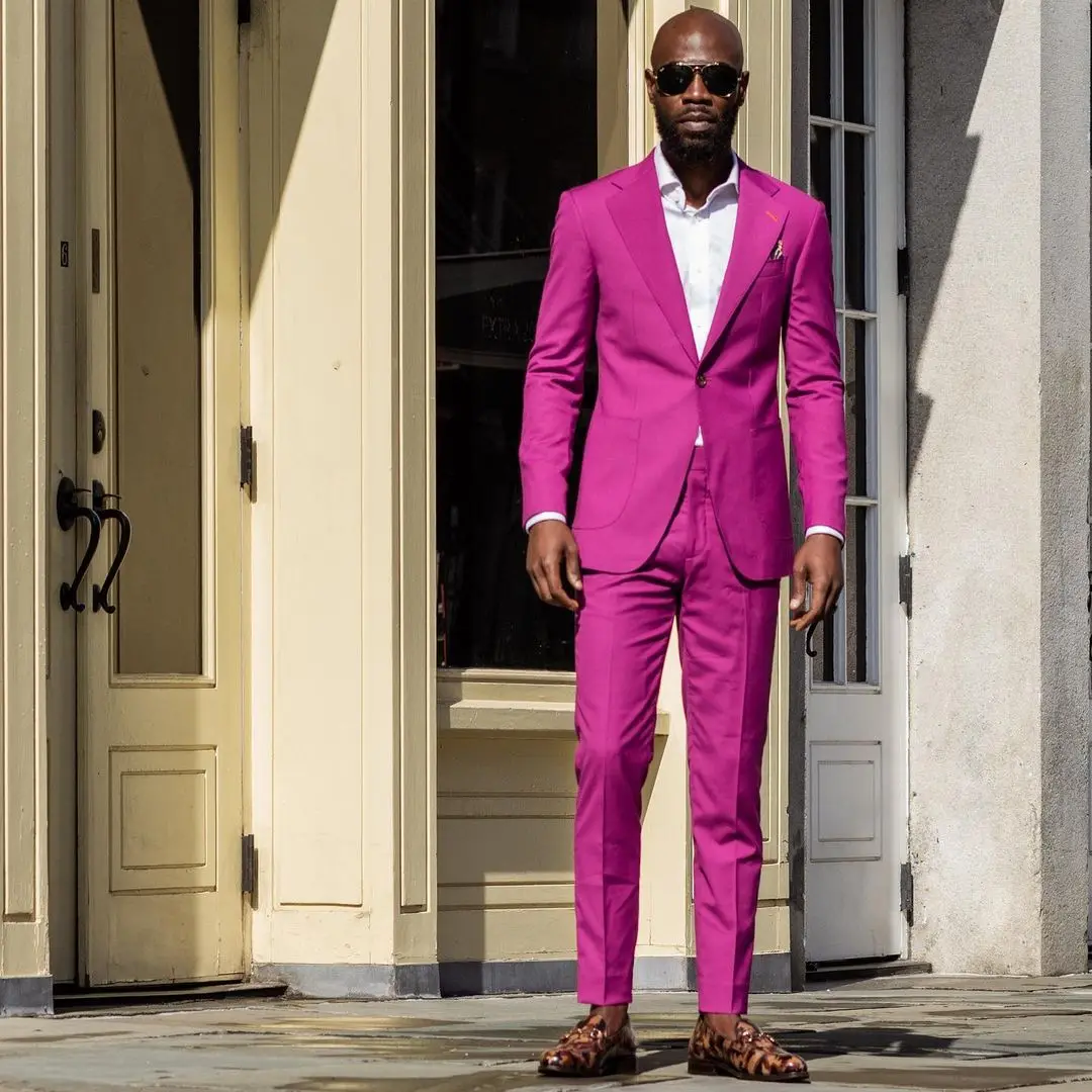 

(Jacket+Pants) Summer Handsome Chic Streetwear Purple Notch Lapel 2 Piece Groomsman For Wedding Prom Party Dress Custom Made