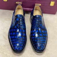 authentic crocodile belly skin hand sewing mens lace up stage dress shoes genuine real true alligator leather male blue oxfords