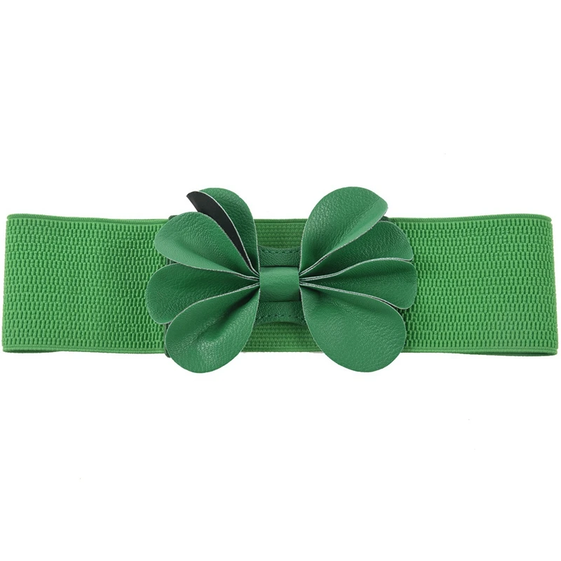 

Green Faux Leather Flower 7.5cm Wide Elastic Cinch Belt for Woman
