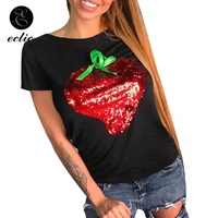 strawberry t shirt with sequins harajuku style streetwear women fashion shirt 2020 slim fit hipster black and white t shirt knot