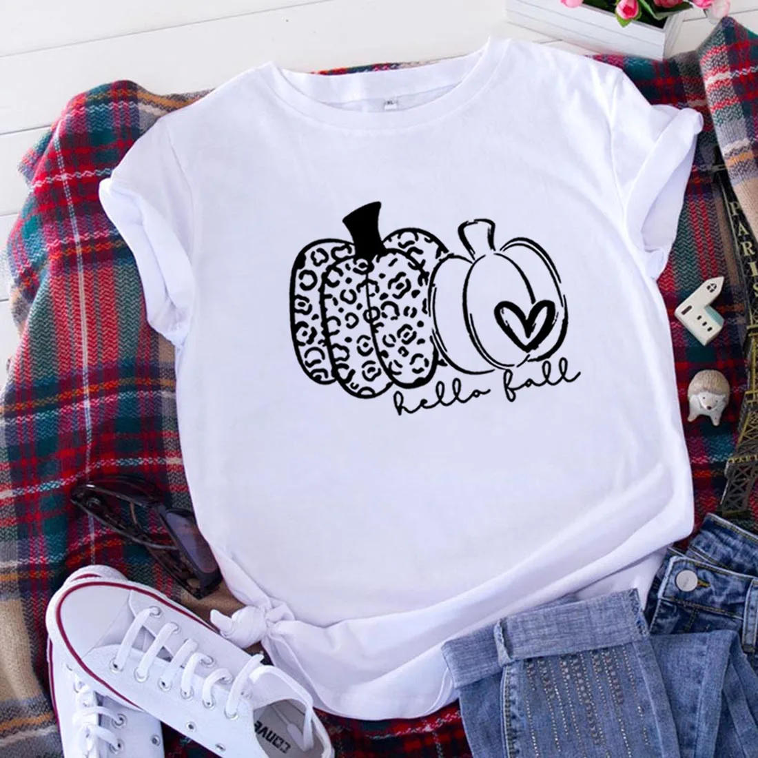 

Hello Fall Pumpkin Funny T Shirt Women Summer Short Sleeve O-neck Cotton Tshirt Women Loose Camiseta Mujer Casual T Shirt Femme