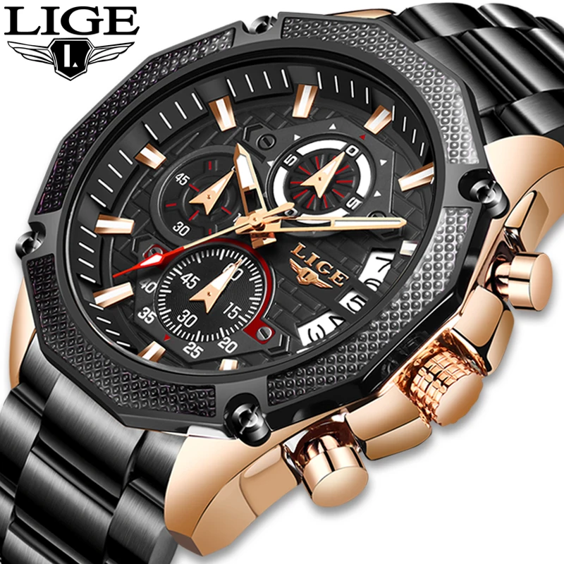 Часы LIGE мужские с хронографом спортивные брендовые Роскошные полностью стальные