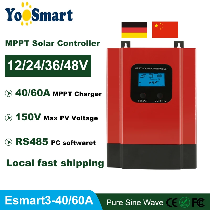 

eSmart3 MPPT 40A 60A Solar Charge Controller 12V/24V/36/48V Auto LCD Display Max 150V Solar Panel Input High Efficiency Charging