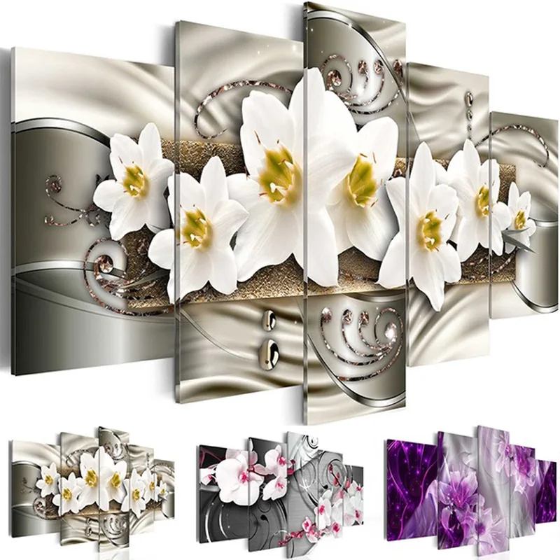 

No Framed 5 Pieces Orchids Blossom Lily Flowers Decorative Wall Art Canvas Posters Picture Paintings Home Decor for Living Room