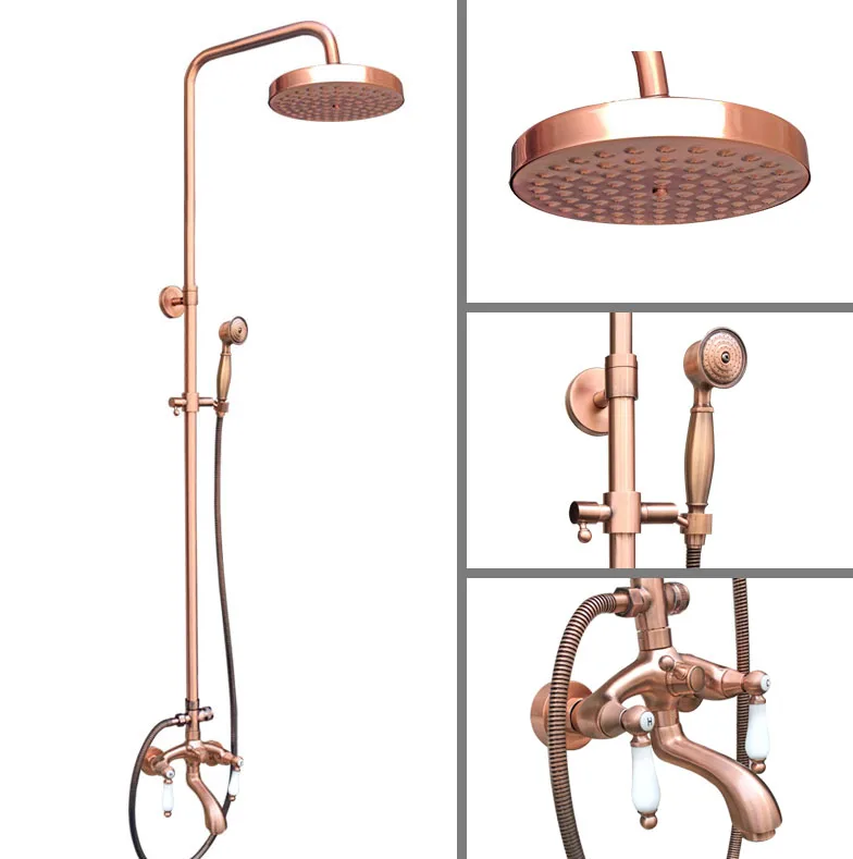

Antique Red Copper Wall Mounted 7.7" Rain Bathroom Rainfall Shower Faucet Set with Hand Spray Shower Head Tub Mixer Tap 2rg562